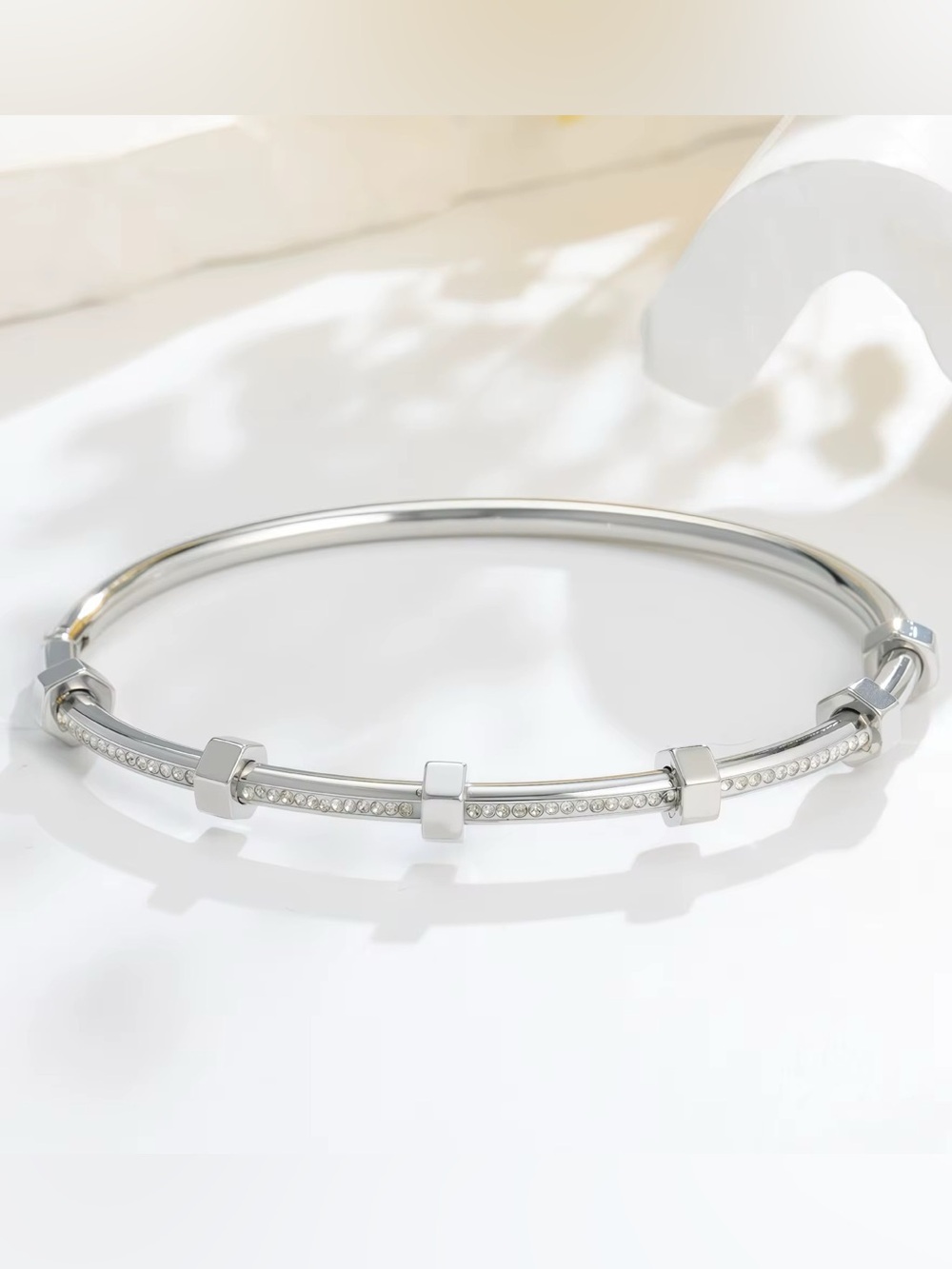 Pavé Cube Silver Bangle Bracelet — Sleek Silver Finish
